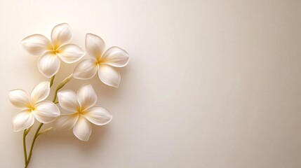 Fototapeta premium Four white plumeria flowers arranged on a white background with copy space. Generative ai