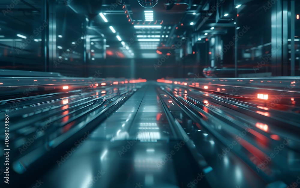 Poster a futuristic corridor with glowing lines and reflective surfaces, evoking a sense of depth and techn