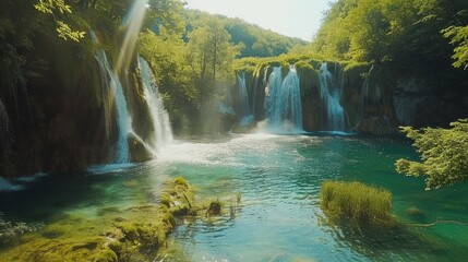 Summer view of beautiful waterfall and clear lake. Plitvice Lakes National Park Croatia