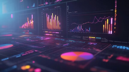 A futuristic digital dashboard with colorful graphs and charts displaying data and analytics.