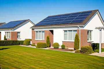 Houses with solar panels on their roofs under clear blue sky.