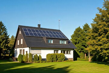 Obraz premium House with solar panels on the roof surrounded by trees and a clear blue sky.