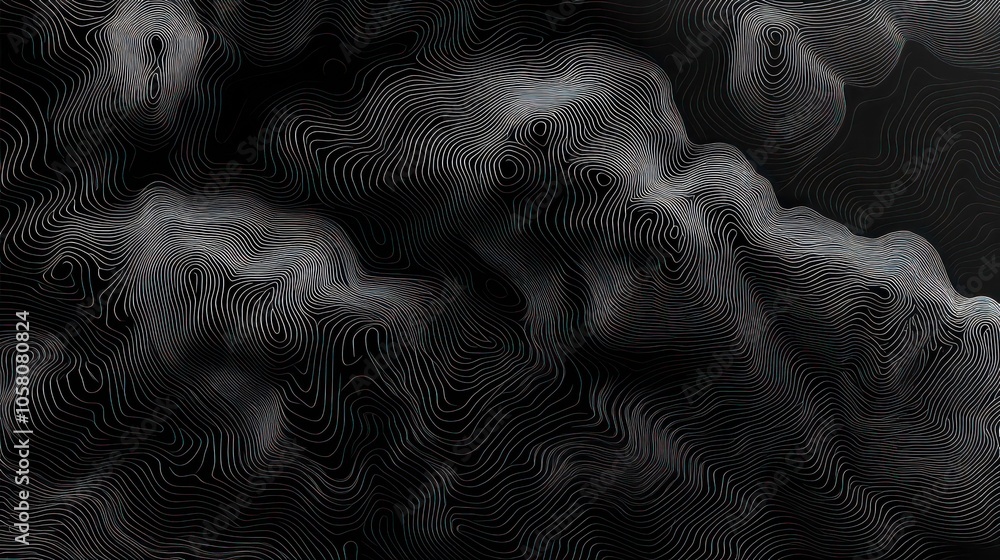 Poster abstract background with white lines forming a topography pattern on a black background.
