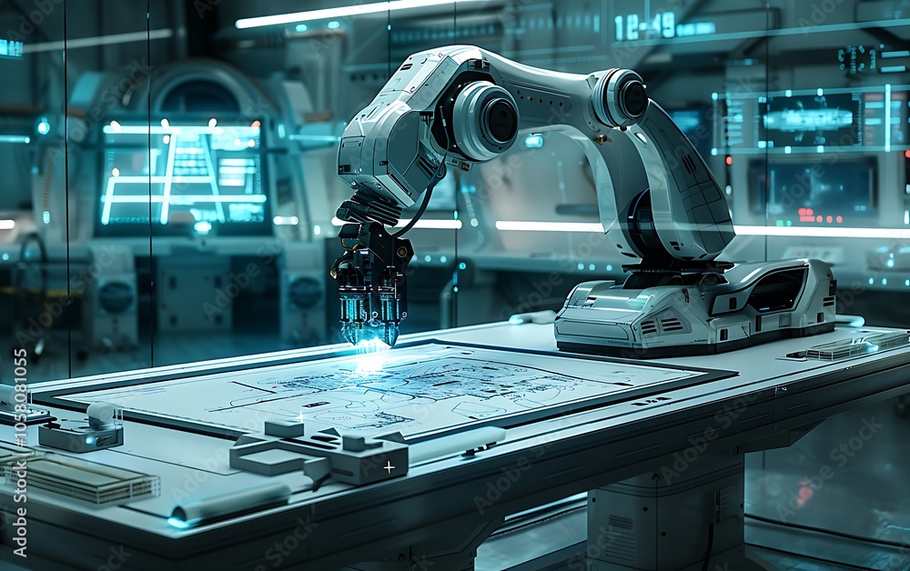 Poster A futuristic robotic arm operates in a high-tech laboratory, showcasing advanced technology and precision in automation.