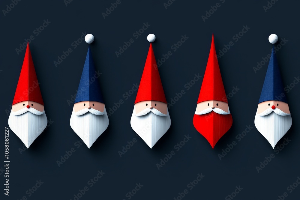 Poster minimalist row of gnome figures with pointed hats in various colors on a dark background blending si