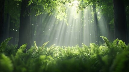 Obraz premium Tranquil Forest with Sun Rays Through Greenery