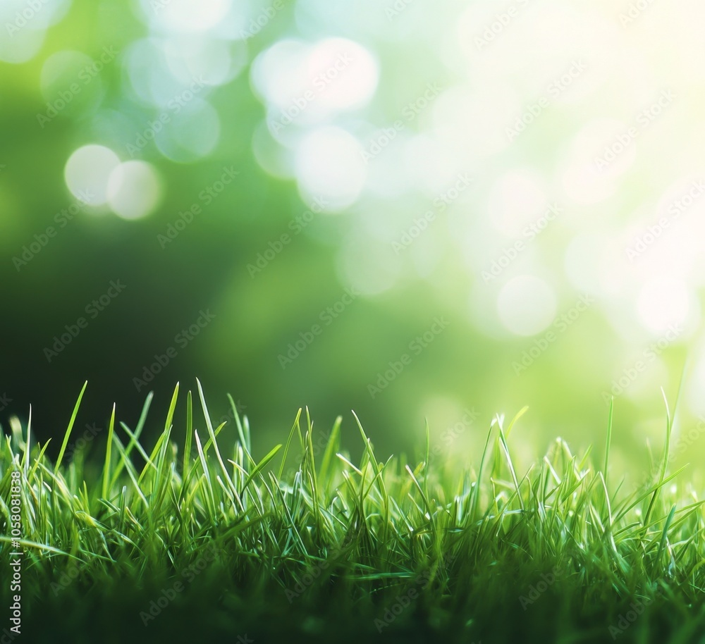 Poster blurred spring background with vibrant green grass and soft bokeh lights, ideal for nature-themed de