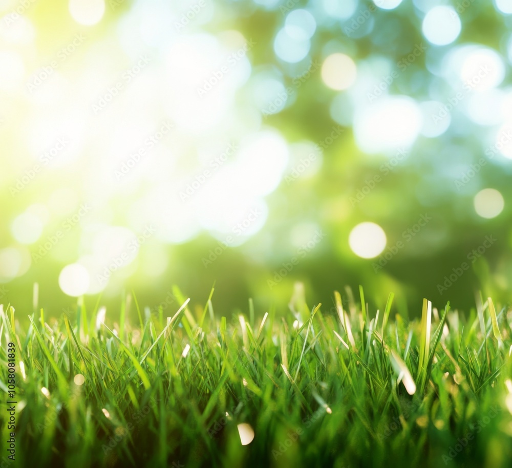Poster blurred spring background with vibrant green grass and soft bokeh lights, ideal for nature-themed de