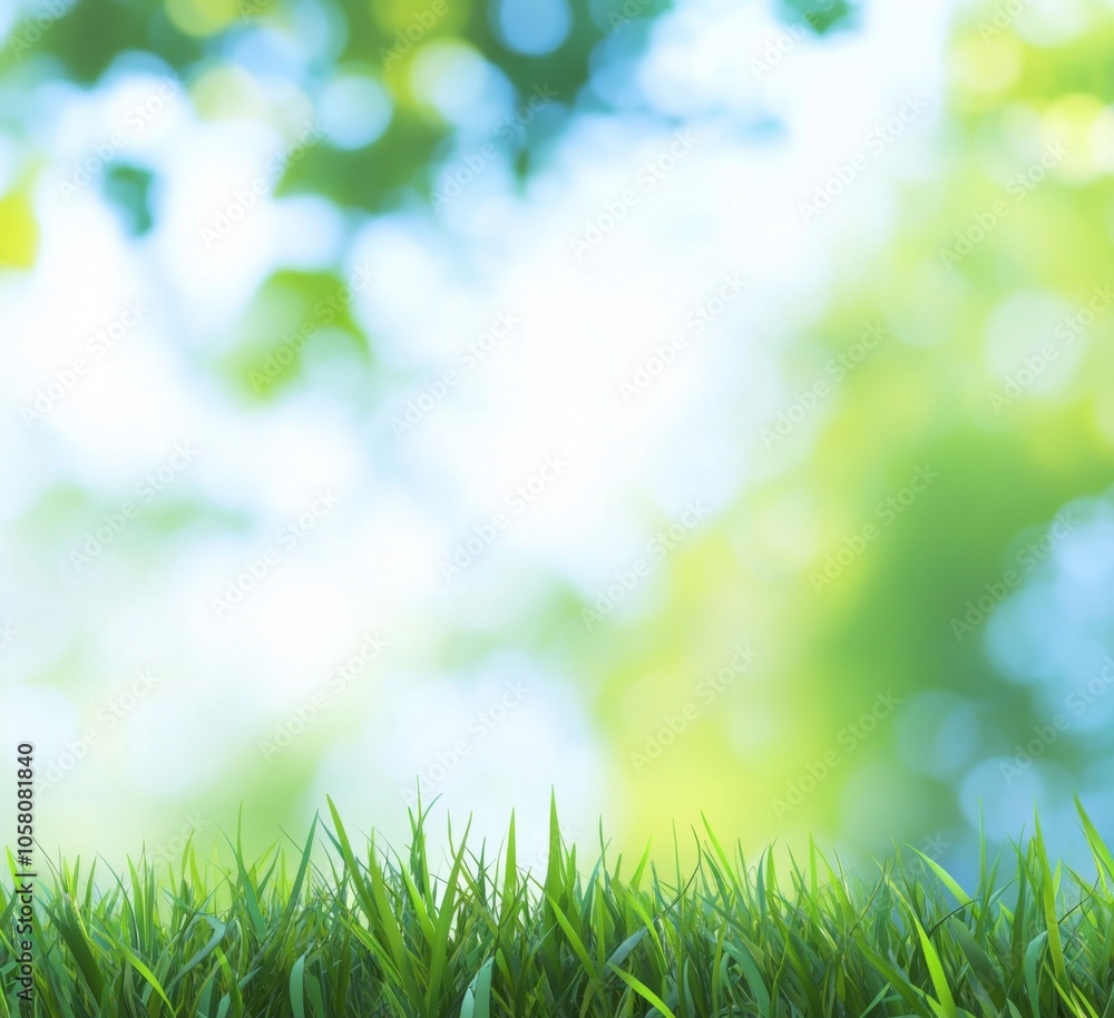 Poster blurred spring background with vibrant green grass and soft bokeh lights, ideal for nature-themed de