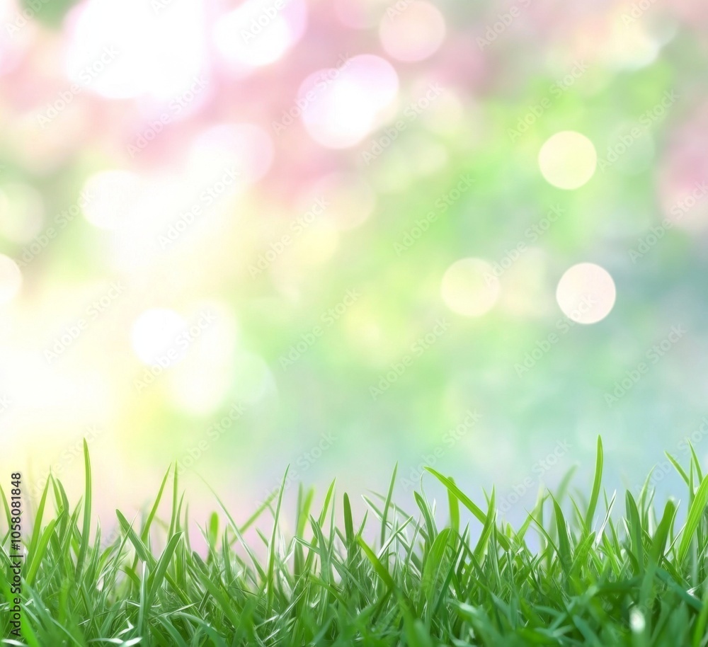 Poster blurred spring background with vibrant green grass and soft bokeh lights, ideal for nature-themed de