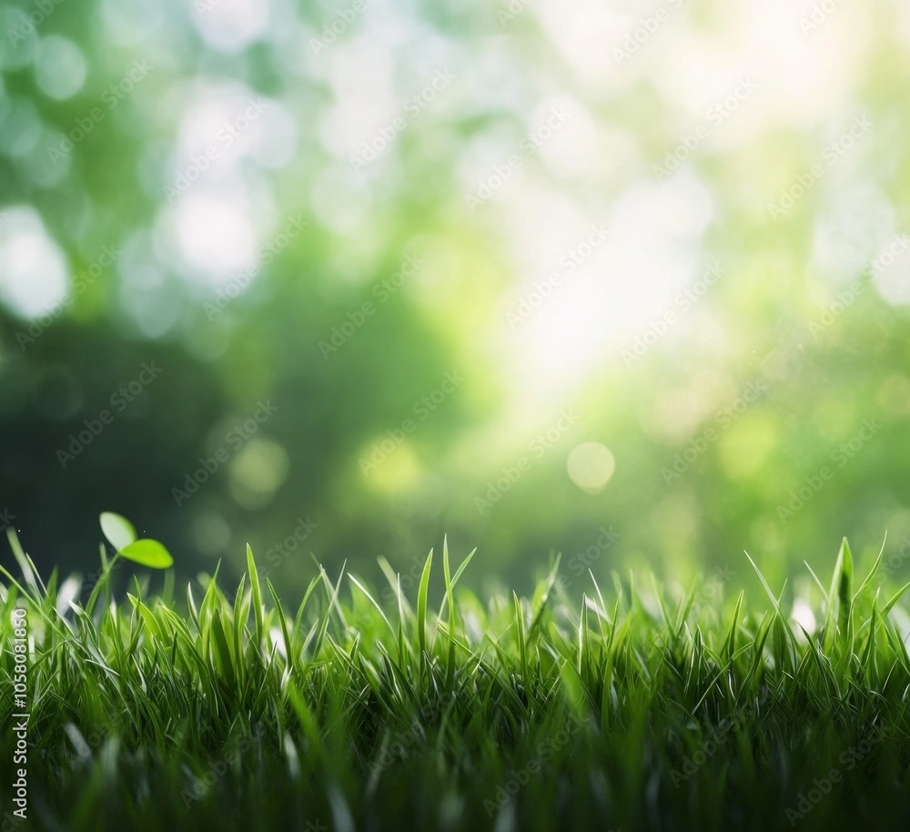 Poster blurred spring background with vibrant green grass and soft bokeh lights, ideal for nature-themed de