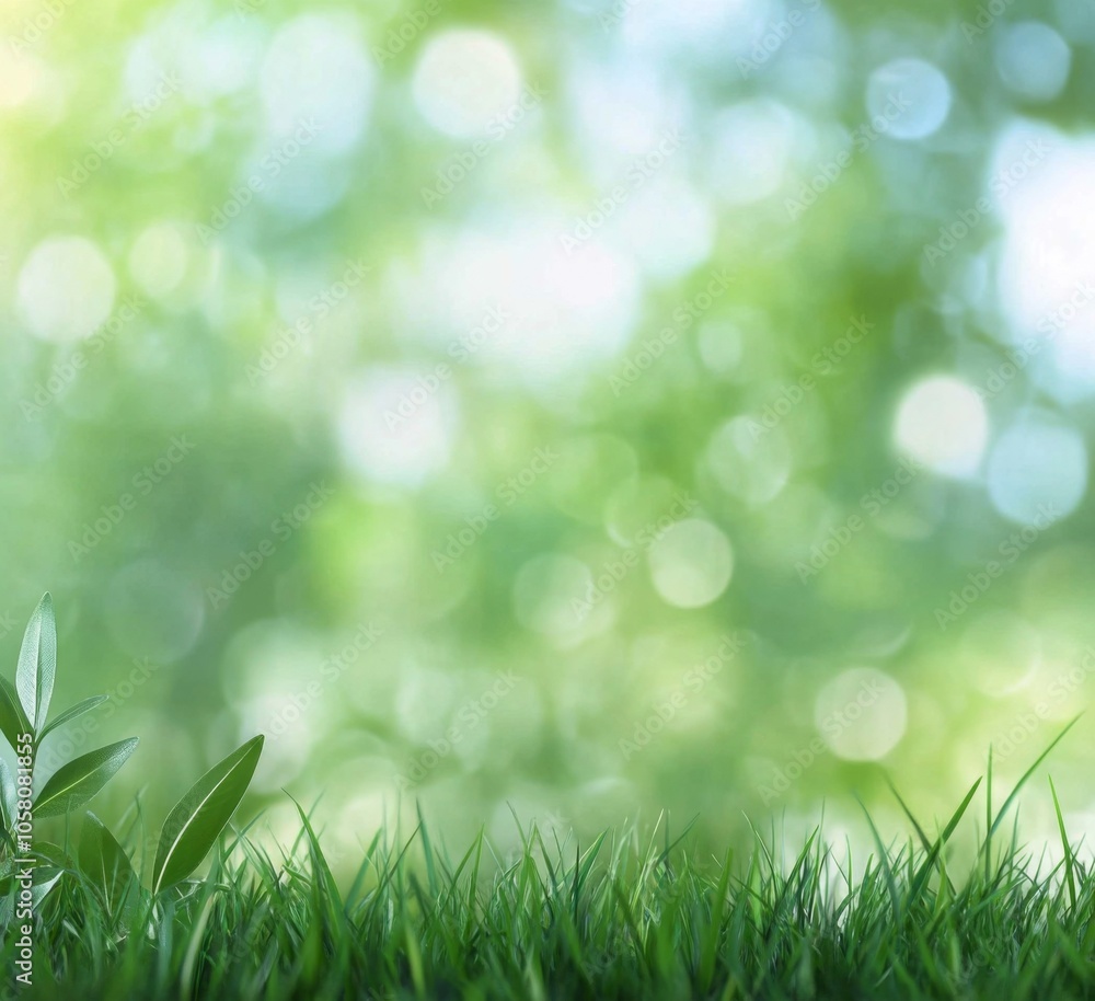 Poster blurred spring background with vibrant green grass and soft bokeh lights, ideal for nature-themed de