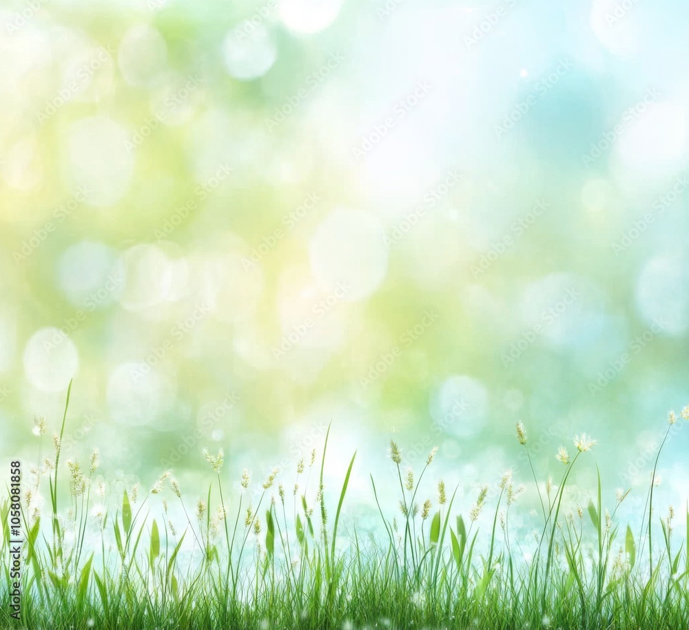 Poster blurred spring background with vibrant green grass and soft bokeh lights, ideal for nature-themed de