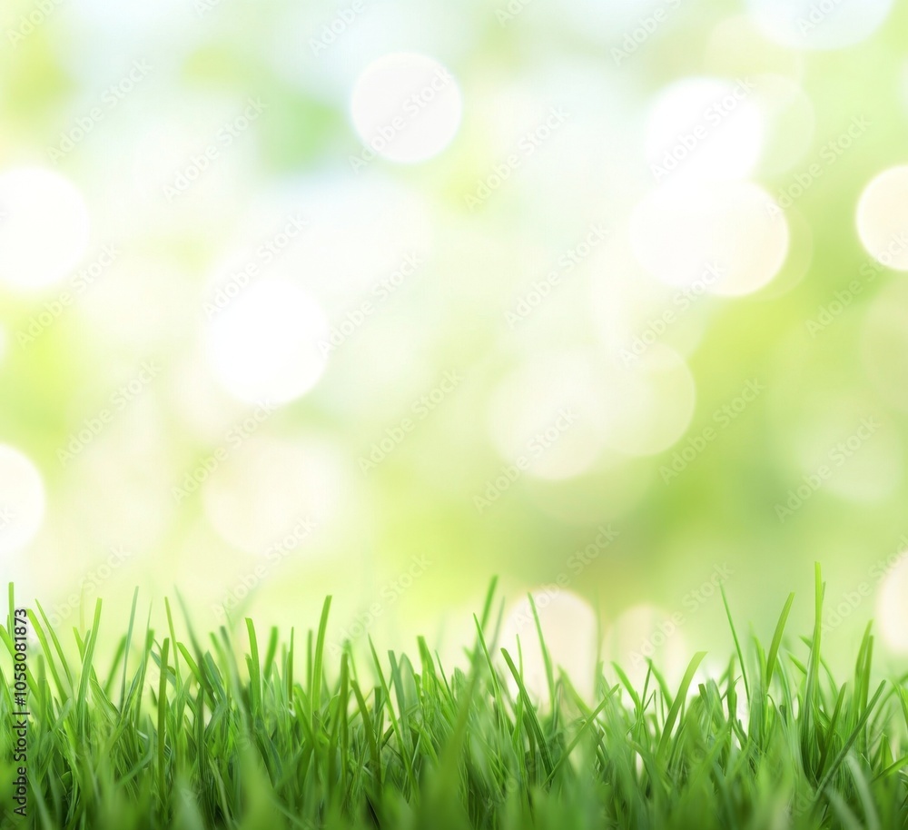 Poster blurred spring background with vibrant green grass and soft bokeh lights, ideal for nature-themed de