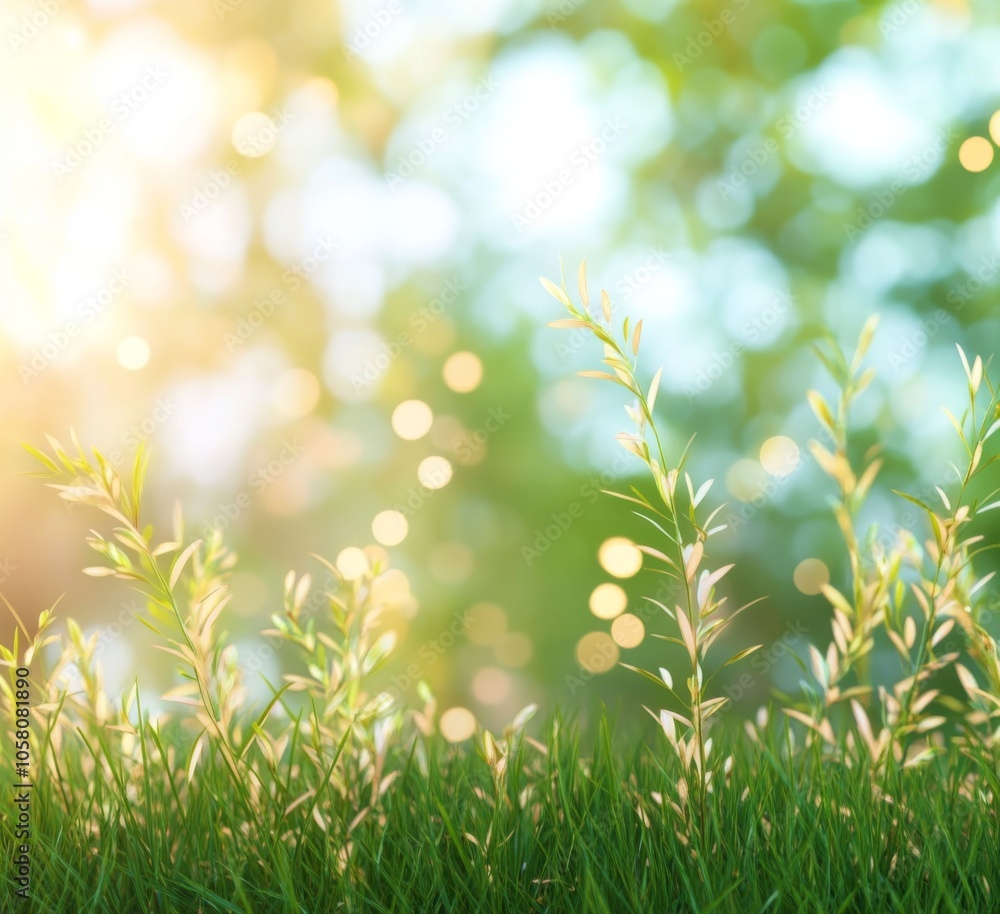 Poster blurred spring background with vibrant green grass and soft bokeh lights, ideal for nature-themed de