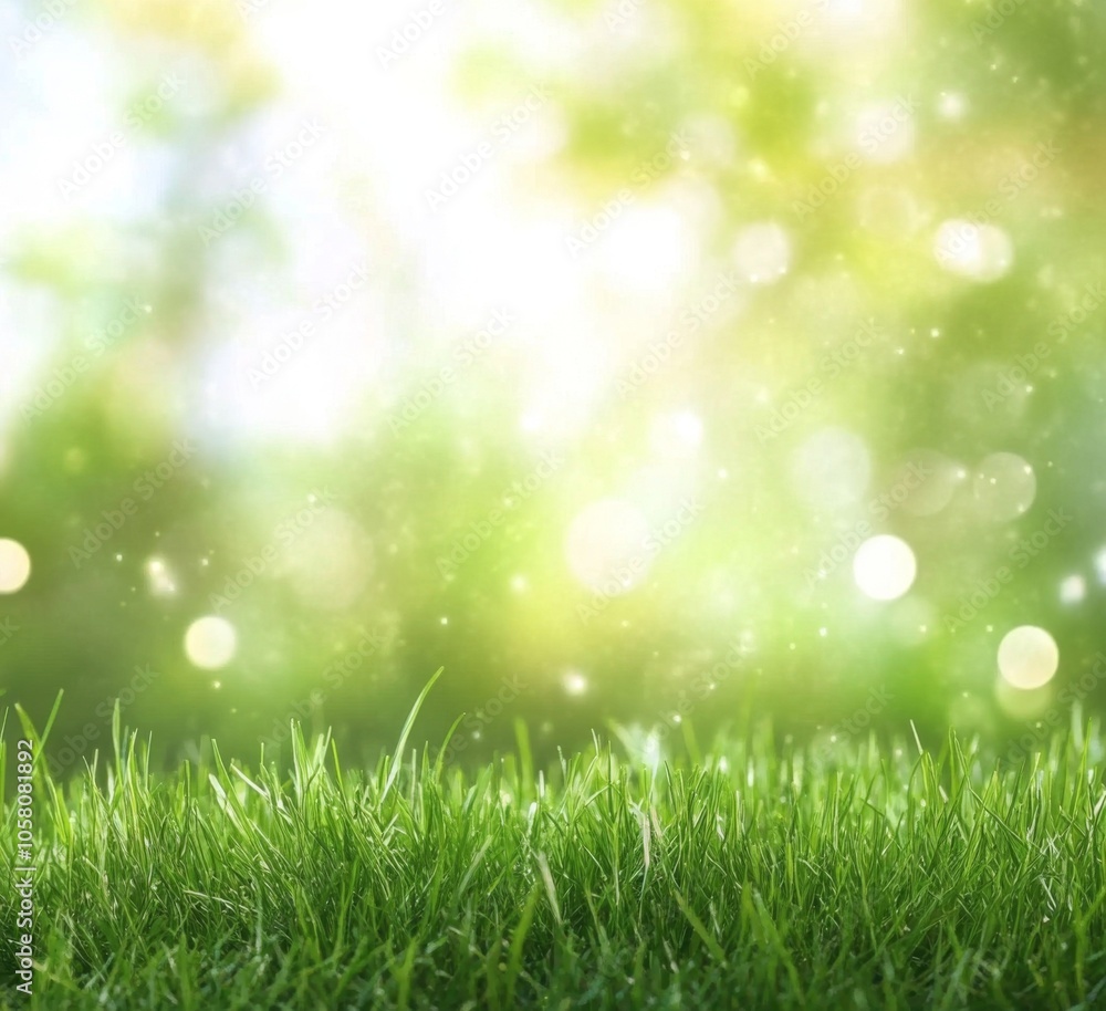 Poster blurred spring background with vibrant green grass and soft bokeh lights, ideal for nature-themed de