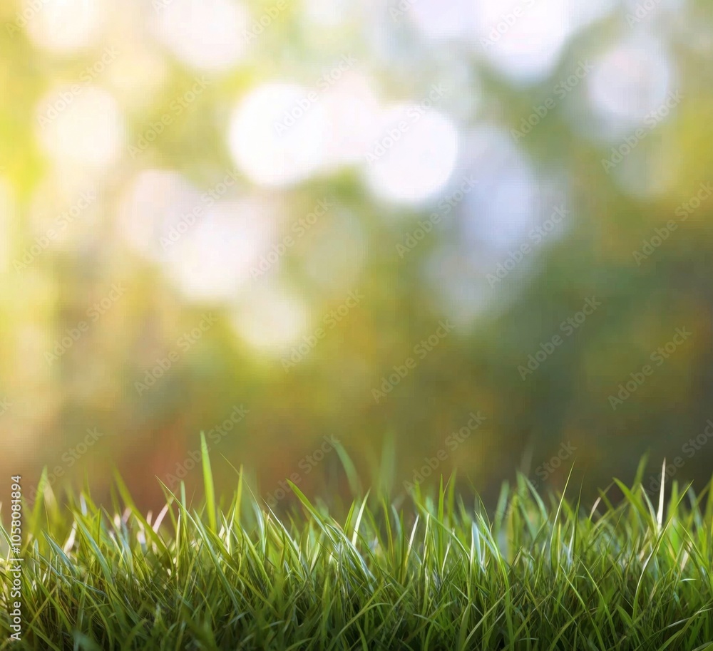 Poster blurred spring background with vibrant green grass and soft bokeh lights, ideal for nature-themed de