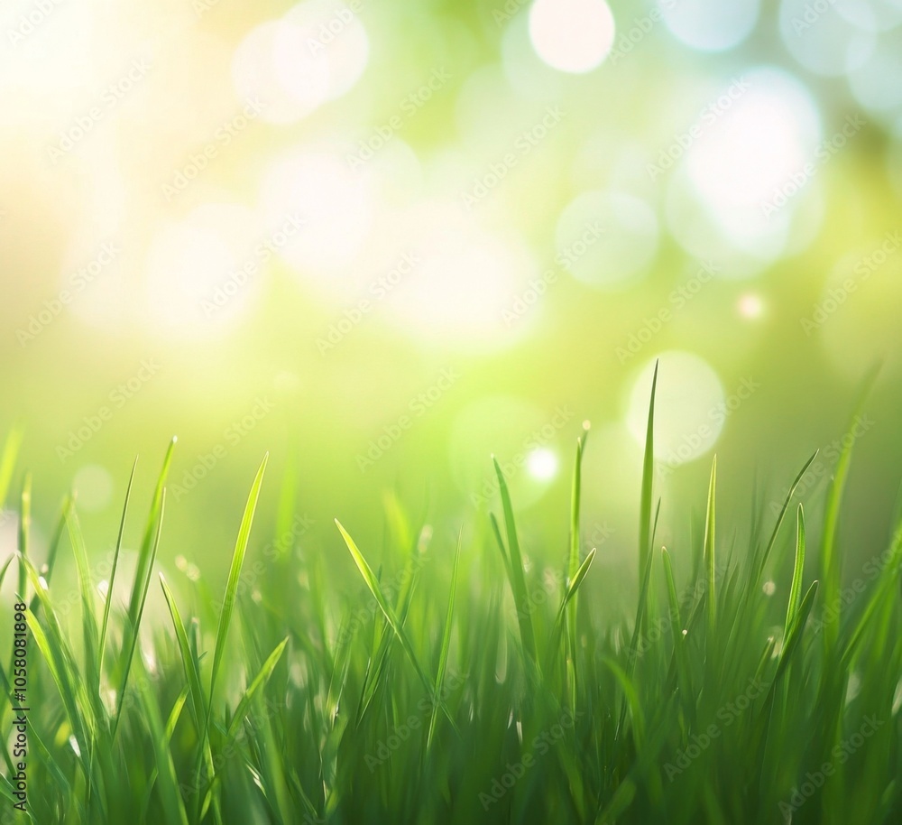 Poster blurred spring background with vibrant green grass and soft bokeh lights, ideal for nature-themed de