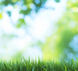 Obraz premium Blurred spring background with vibrant green grass and soft bokeh lights, ideal for nature-themed designs with 3D rendering and space for text.