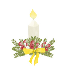 Watercolor Illustration Burning Candle with Branches and Red Berries, with Golden Bow. Digital Vintage Christmas Element for Printing and Web