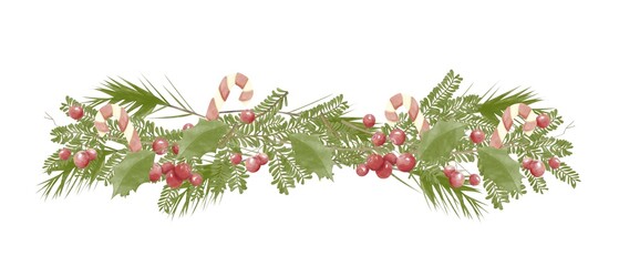 Watercolor Illustration Decoration with Fir Branches with Striped Candy Hooks, Red Berries, Holly Leaves. Christmas Composition for Printing and Web