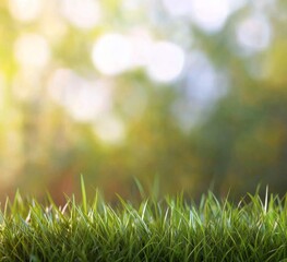 Blurred spring background with vibrant green grass and soft bokeh lights, ideal for nature-themed designs with 3D rendering and space for text.