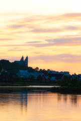Fototapeta premium Akureyri, town in north Iceland in sunset.