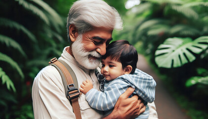 A joyful family moment in the park, featuring a couple with their two children, sharing smiles and hugs together in the sunshine