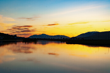 Obraz premium Akureyri, town in north Iceland in sunset.