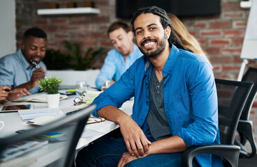 Confidence, portrait or happy man in meeting for startup, brainstorming or agenda in office. Face,...