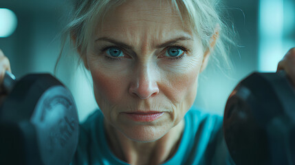 Older adult lifting light weight with focused expression maintaining fitness.