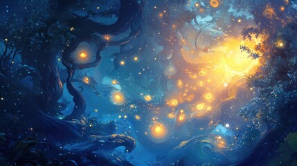 Fairy-tale-inspired background with swirling shapes and shimmering lights, capturing a magical, dreamy vibe