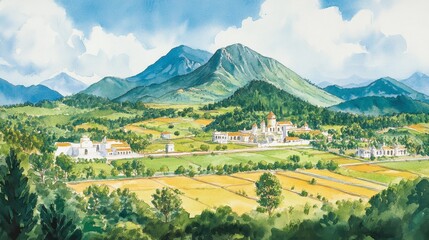 Serene Landscape with Mountains and Rolling Fields