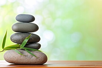 Zen stone stack with bamboo leaves on wooden table, serene spa concept banner with green background and ample copy space, capturing tranquility in boho style with smooth natural light.
