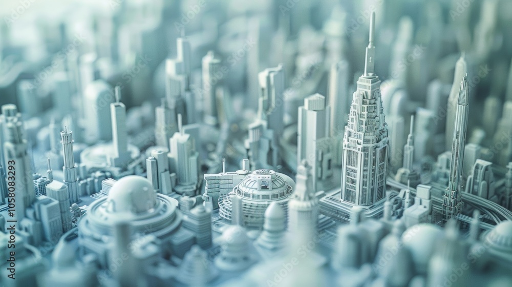 Poster an upclose view of a model of a city from a science fiction book with towering skyscrs and advanced 