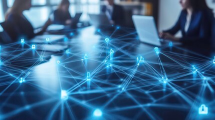 Business people working on laptops with a digital network overlay.