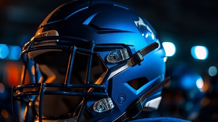 Fototapeta premium Close-up of a blue football helmet with a black face mask, under stadium lights.