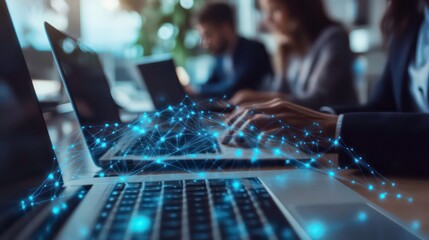 Close up of hands typing on laptop keyboard with glowing blue network connection overlay. Blurred people using laptops in the background.