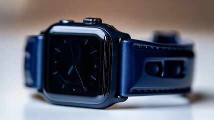 A close-up shot of a navy blue smartwatch with a matching band.
