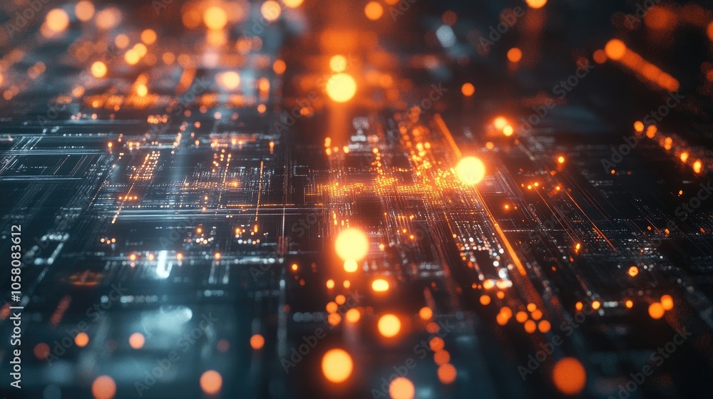 Poster futuristic digital tech background with glowing circuits and abstract shapes, symbolizing innovation