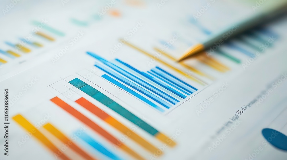 Poster a close-up of a pen resting on a page of graphs and charts.