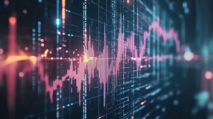 Abstract digital data visualization with glowing lines, graphs, and code.
