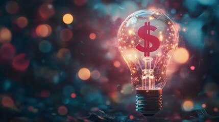 A glowing light bulb with a dollar sign inside, set against a dark blue background with bokeh lights.