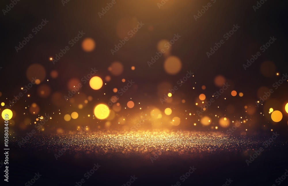 Poster dark background with golden bokeh lights and glitter, creating an elegant atmosphere for product dis
