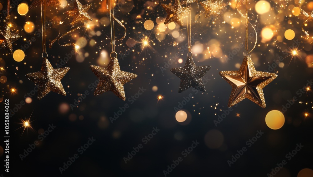 Poster dark background with golden stars hanging in the air, creating an atmosphere of celebration and joy 
