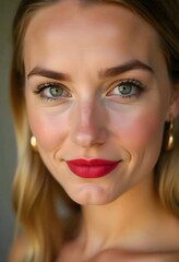 Fototapeta premium A close-up portrait of a young Caucasian woman with fair skin, brown eyes, and blonde hair. She is wearing red lipstick and gold earrings.