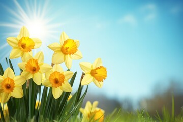 Yellow daffodils blooming in grassy field under blue sky with sun rays, capturing vibrant spring atmosphere