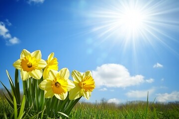 Yellow daffodils blooming in grassy field under blue sky with sun rays, capturing vibrant spring atmosphere