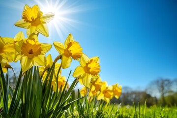 Obraz premium Yellow daffodils blooming in grassy field under blue sky with sun rays, capturing vibrant spring atmosphere