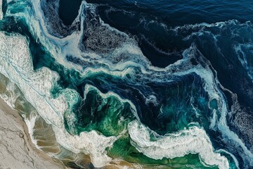 Aerial view of dynamic ocean waves with white foam, captured from above, showcasing swirling patterns in deep blues and greens